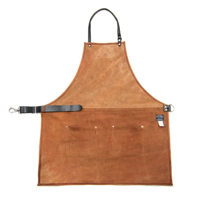 
China Wholesale High Quality Eco-Friendly Material Brown Adjustable Kitchen Leather Apron With Pockets 