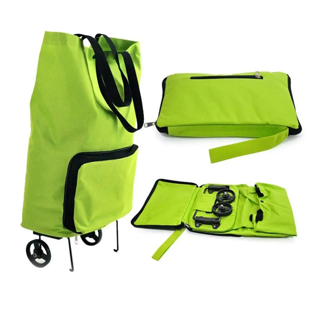 

Wholesale Foldable Nylon Shopping Trolley Bag With Wheel Custom Logo 600D Nylon Grocery Folding Shopping Cart, Green