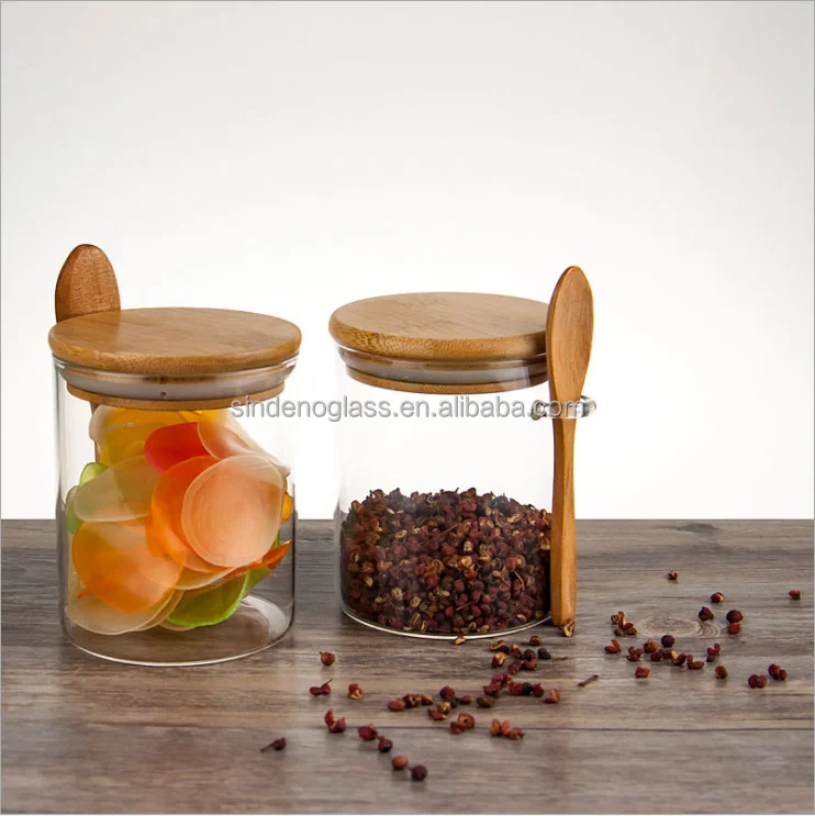 

Small Jar Bamboo Wood Lid 15oz Glass Storage Jar With Spoon For Kitchen