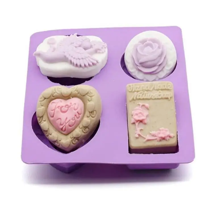 

Non Stick 4 Cavity Different Shapes Angel Baby Love Roses Flower Silicone Soap Mold For Cake Soap Jelly Mold
