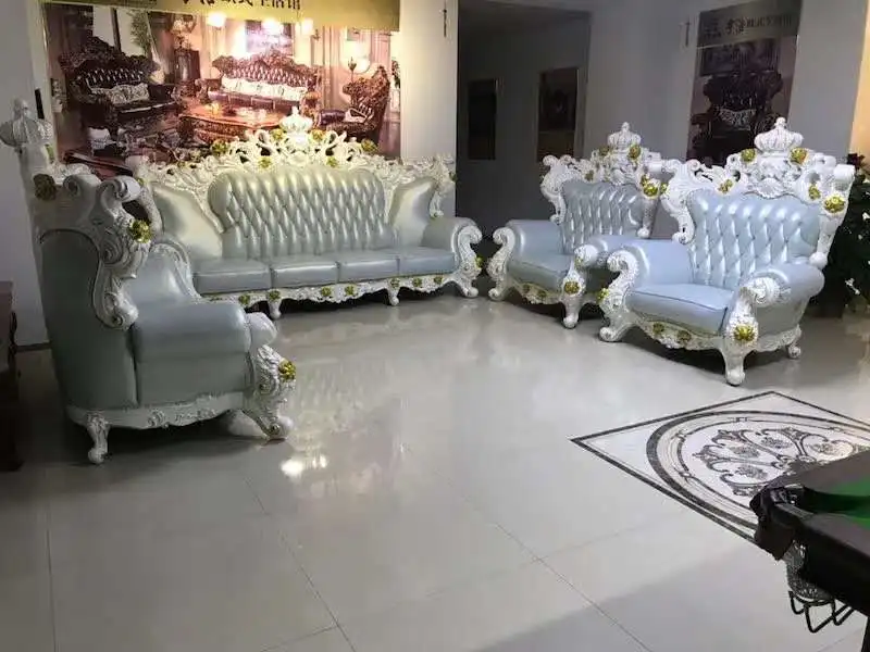 European classical wooden genuine leather living room royal sofa set