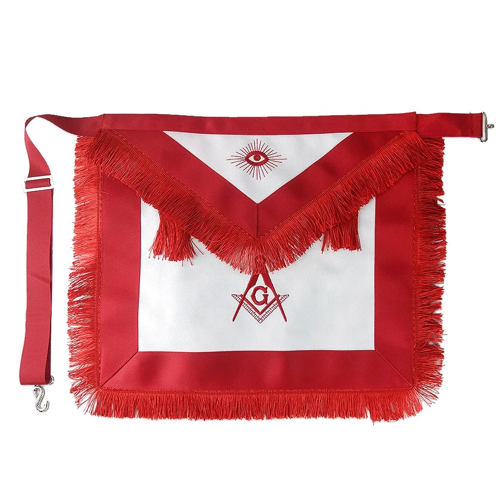 

White Leather Grand Lodge Officer Masonic Regalia Aprons Embroidered Square And Compass Badges Red Tassel Ribbon Borders, Pantone color