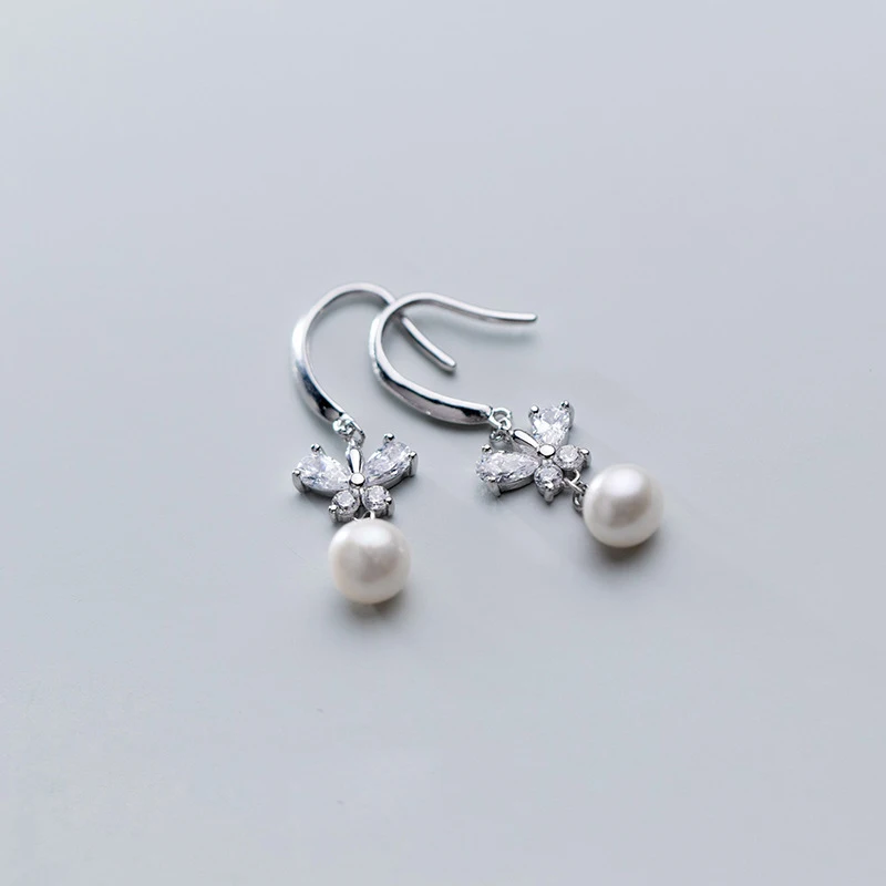 

Korean Temperament Butterfly Zircon Earring Artificial Pearl Drop Earrings Jewelry, Silver