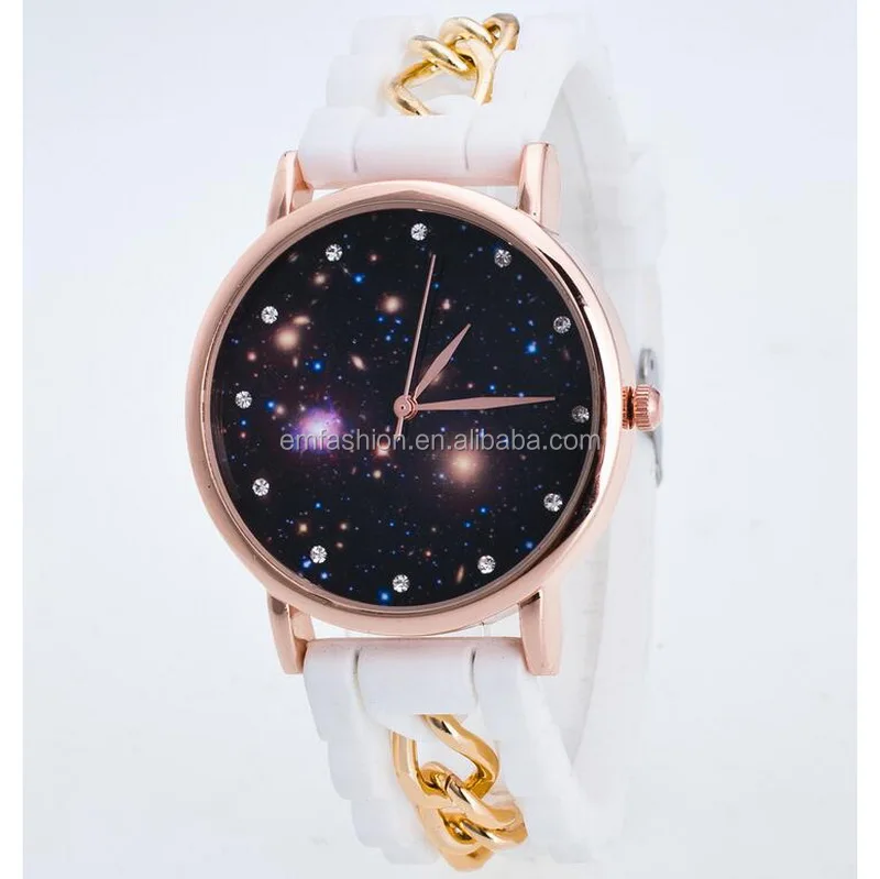 

Harajuku Style Star Sky Galaxy Print Dial Lady Fancy Silicone Rubber Chain Wristband Watch