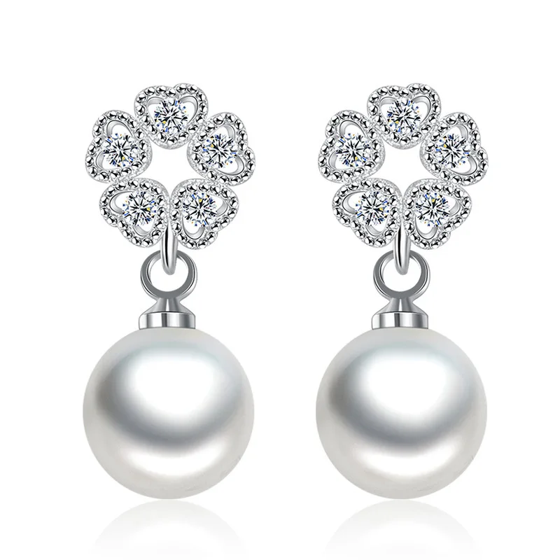 

Fashion new 18K white gold zircon flower pearl pendant ladies earrings