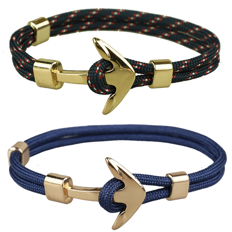

2018 New Fashion gold Color Anchor Bracelets Men Charm Survival Rope Chain Paracord Bracelet Male Wrap Metal Sport Hooks