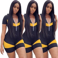 

A060058 summer casual hooded color patchwork latest style front zipper short jumpsuit rompers for woman