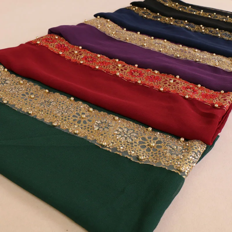

Hot selling 9 colors muslim chiffon lace trim pearl hijab