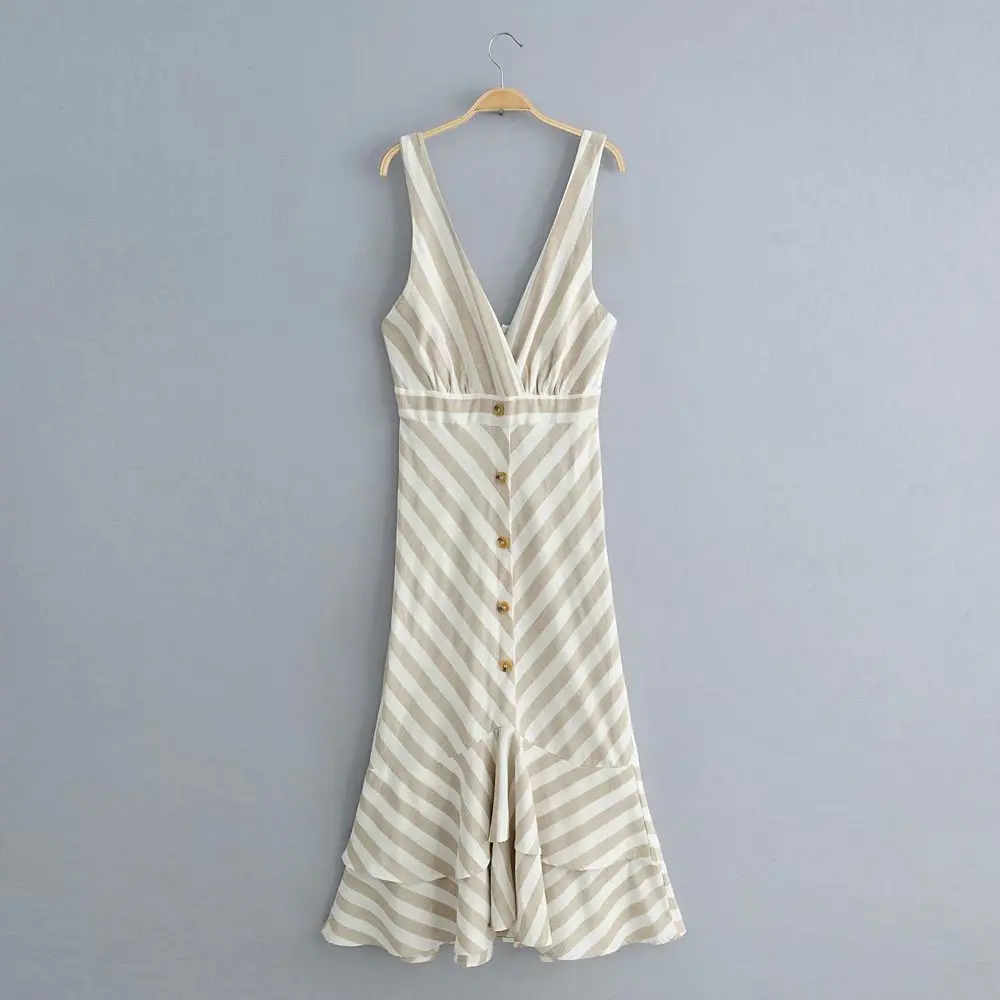 

Western style sexy v neck sleeveless striped elegant dresses women button up clothes, N/a