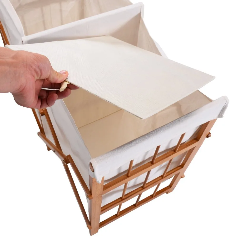 Household Folding Bamboo Frame Laundry Hamper Clothes Storage Basket Bin W/2 Bag 