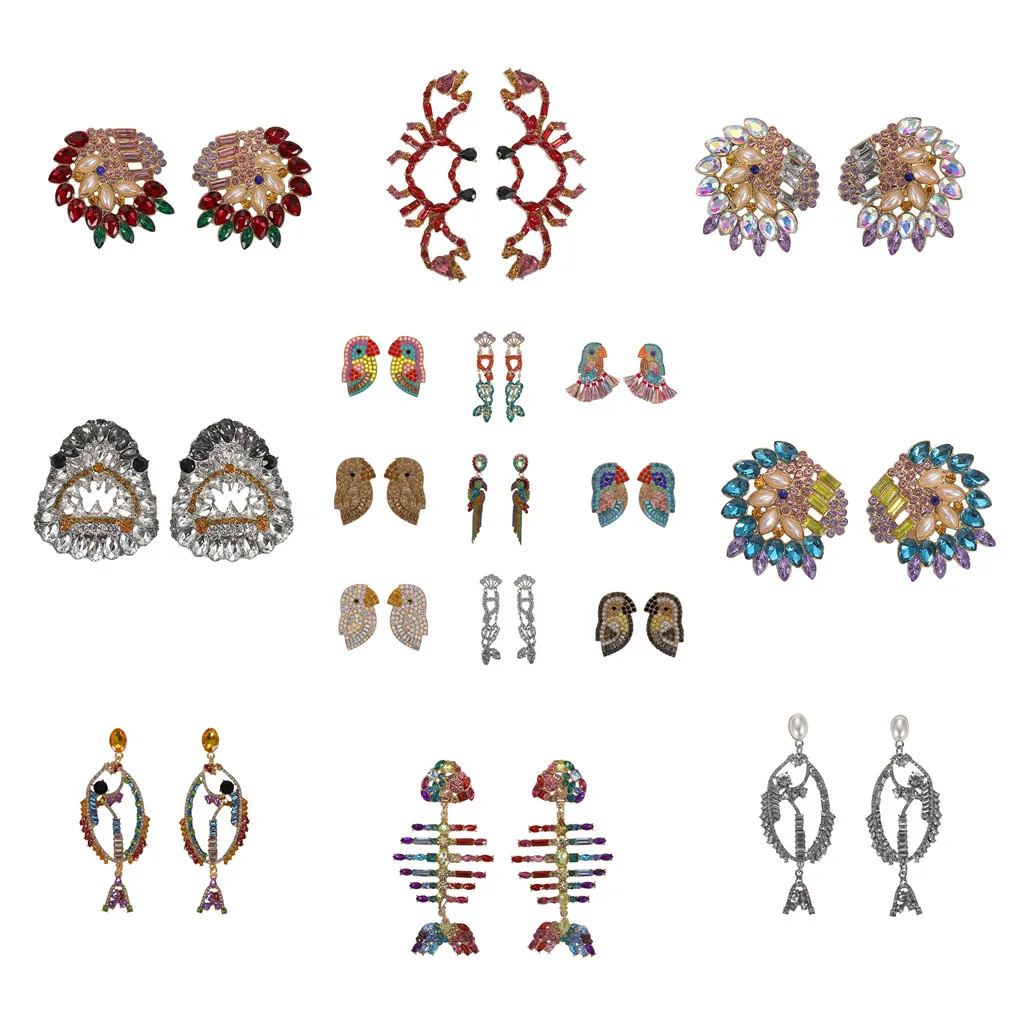 

luxury diamond crystal animal african European bridal wedding earrings stud mermaid parrot bird flower fish shark crab earrings, Picture