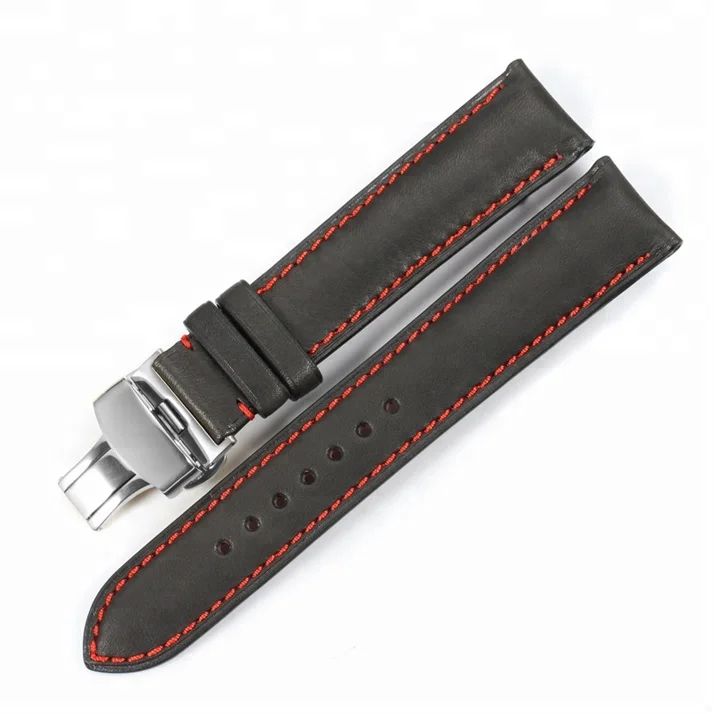 

OEM 18mm to 24mm Black/Red Stitch France Natural Calf Skin Deployment Buckle Leather Watch Band Strap for Casio Watch, Black with red stitch