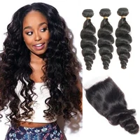 

Free Shipping Brazilian Loose Wave Bundles With Closure 100% Remy Hair 3 Bundles With 4*4 Lace Closure Free Part