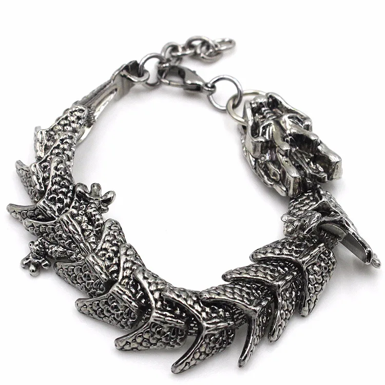 

2020 European Cool Punk Style Metal Zinc Alloy Antique Silver Dragon Men Jewelry Bracelet