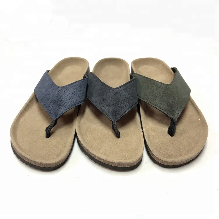 

Wholesale Summer Thong Sandals Flipflops Outdoor Slippers for Men with Soft Leather Insock and Cork Sole Foot-bed