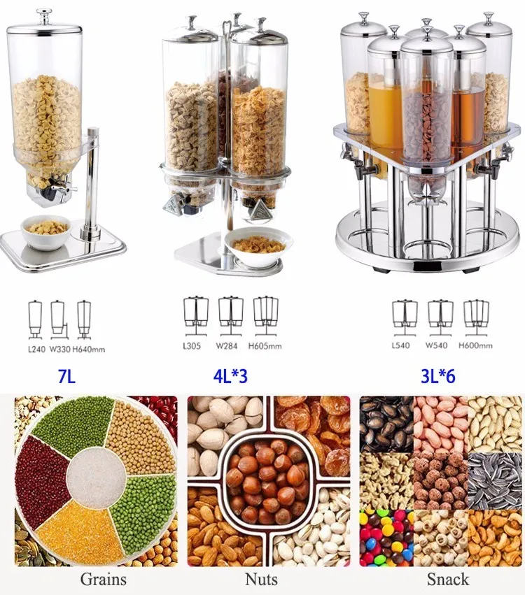 Stainless Steel Cereal Food Grain Dispenser Ecofriendly Acrylic Triple Bulk Dry Food Cereal