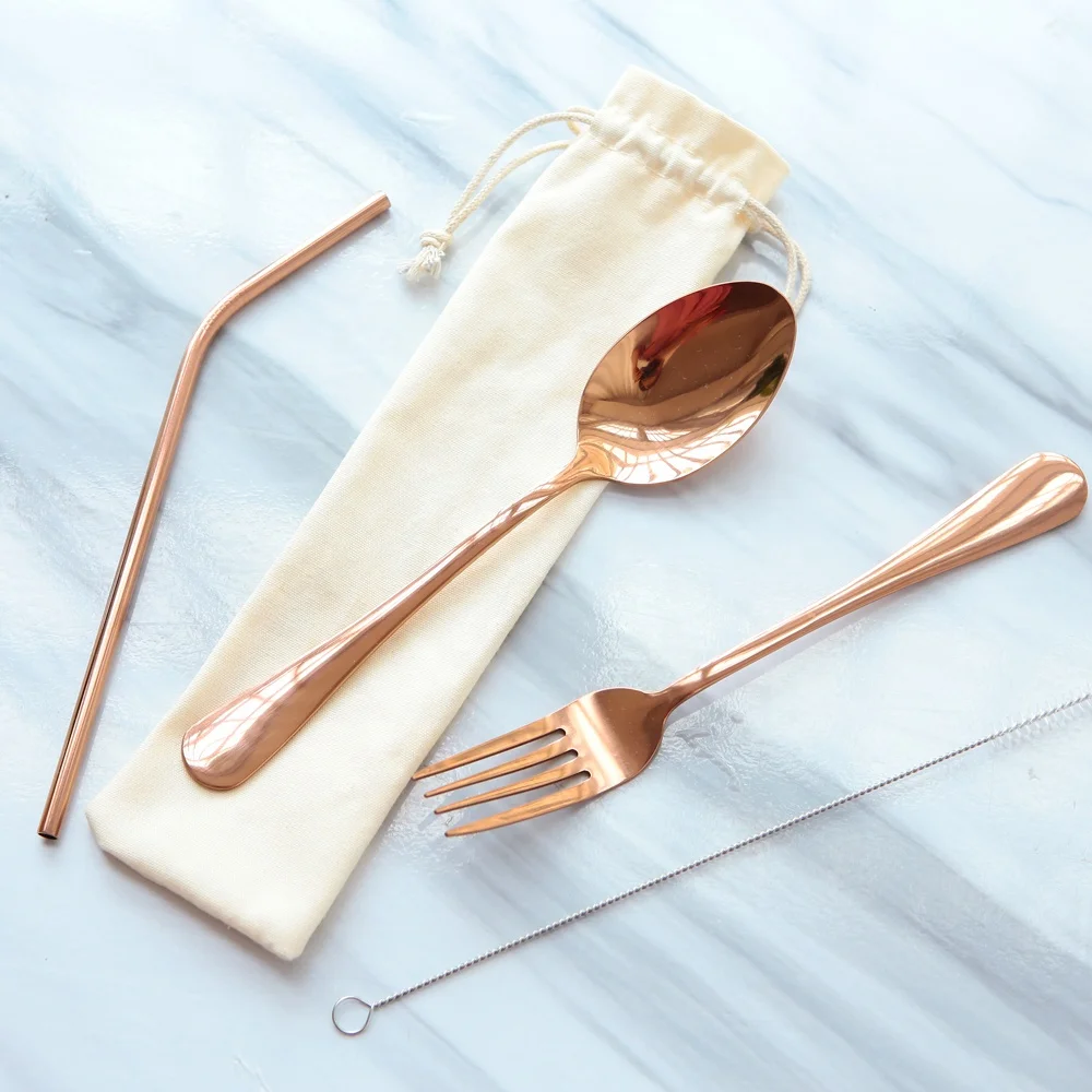 

Promotional Stainless Steel Cutlery Set For Gift, Spoon And Fork Flatware Set With Reusable Straws, Sliver/gold/rose gold/black/rainbow