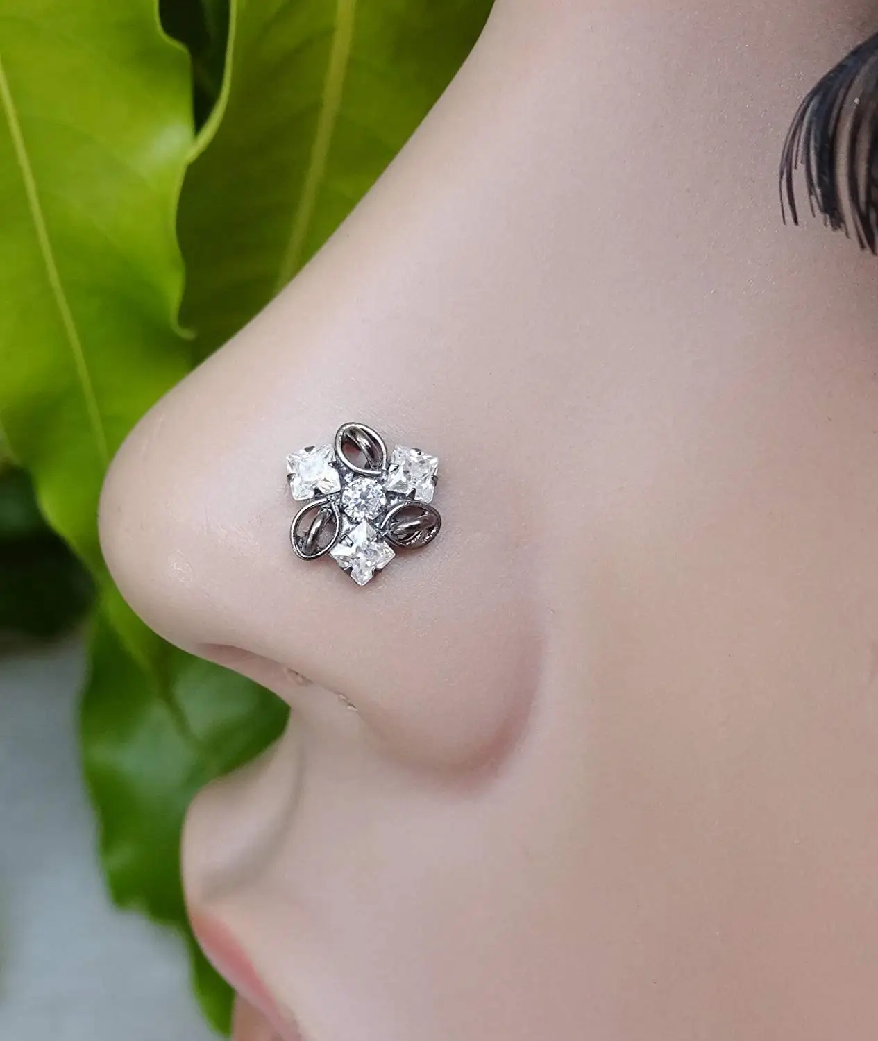 Crock Screw Nose Stud,Black Nose Ring,Indian Nose Stud,20G Nose Screw,Black Flower Nose Piercing,Crystal Nose Stud,Bell Nose Stud,CZ Nose Piercing,Indian Nose Ring,Small Nose Stud ( TEJ218)
