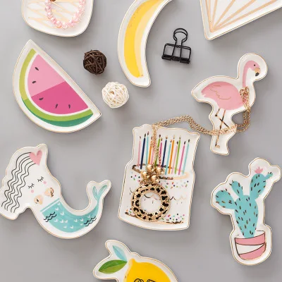 

Nordic ins creative plating flamingo cactus ceramic ring plate jewelry necklace storage dish, As photos or customized