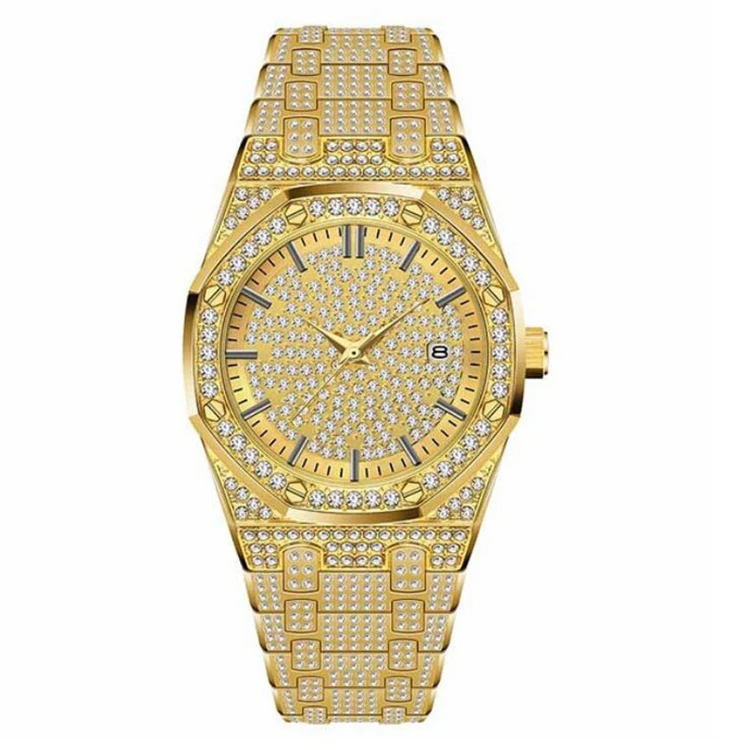 Hiphop Iced Out Diamond Full Set Waterproof Stainless Steel Quartz Wristwatch