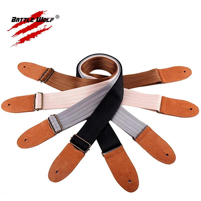 

High Quality Wear Resisting Real Leather Ends Different Colors Blank Bass Electric Guitar Strap, Black white brown gray