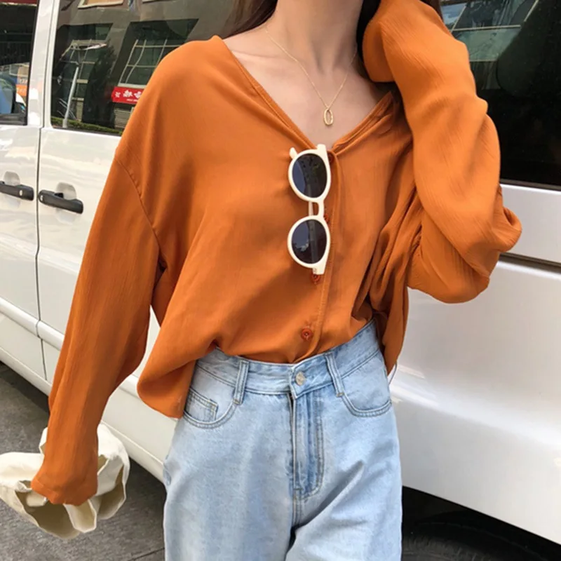 

Woman Fashion Solid Shirts Women Chiffon Blouses Female Loose Tops Long Sleeve V Neck Blouses