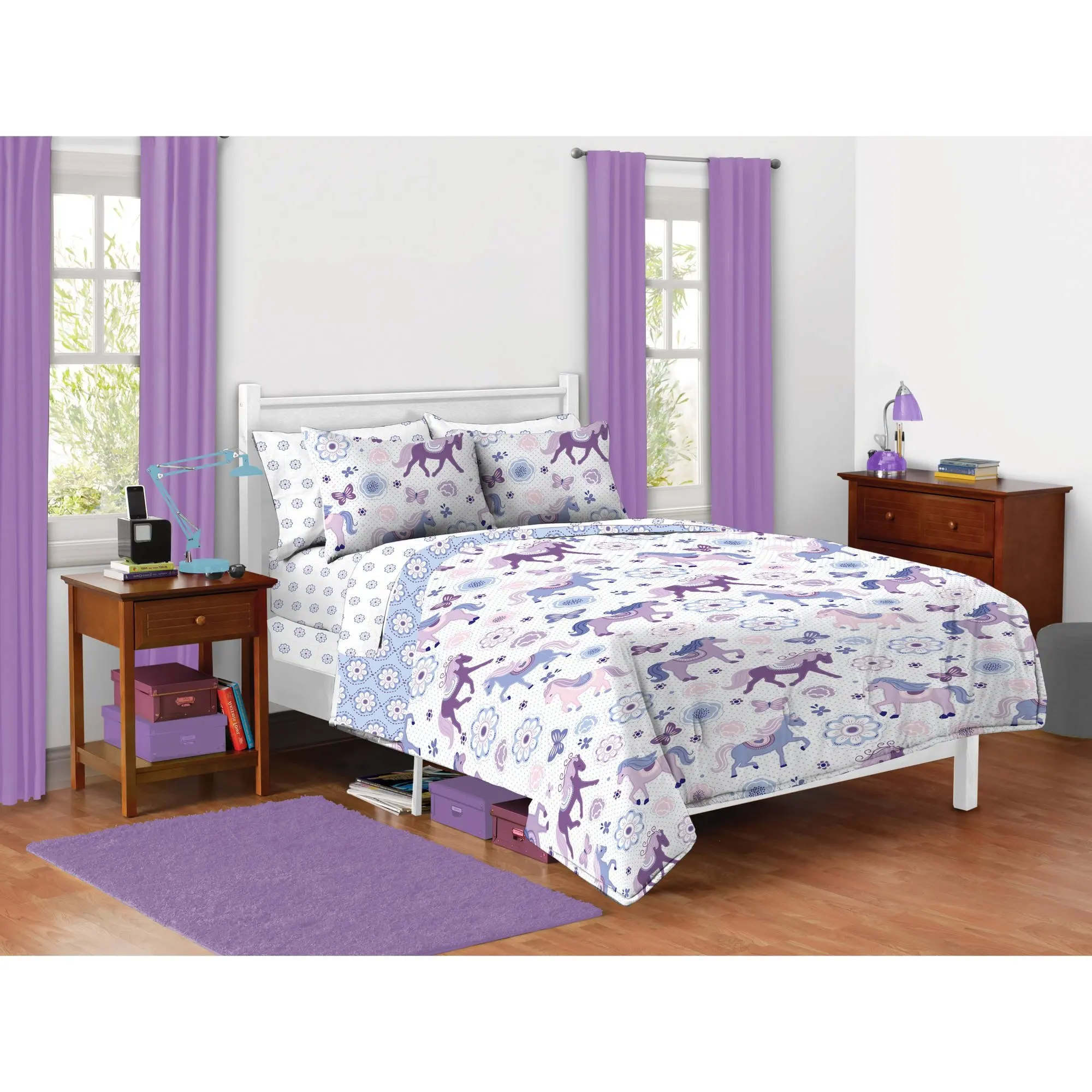 5 Piece Kids Pretty Horses Comforter Twin Set, Girls Beautiful All Over Purple Pony Bedding, Printed Butterflies Daisy Florals, Adorable Cute, Purple White Ponies, Beautiful Flowers