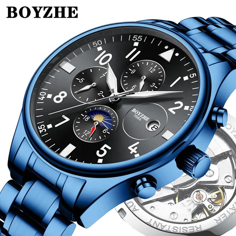 

BOYZHE Hot Selling Blue Strap Metal Full Mechanical Automatic Watch