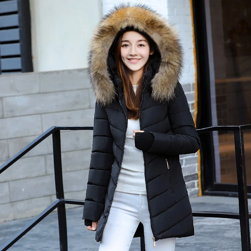 

Women Coats Artificial raccoon hair collar Female Parka black Thick Cotton Padded Lining with YKK zipper, Picture