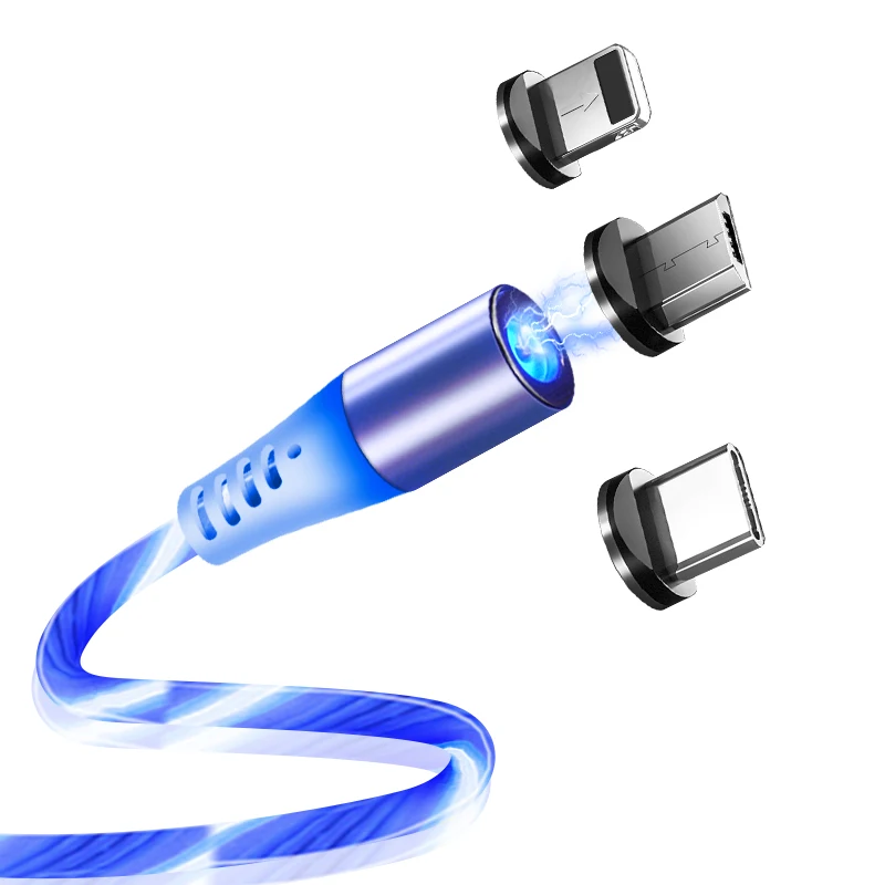 

2019 new design wholesale Mobile phone accessories LED lighting Charging Magnetic 3 in 1 Usb Cable for micro/i-product/type c, Red/blue/green