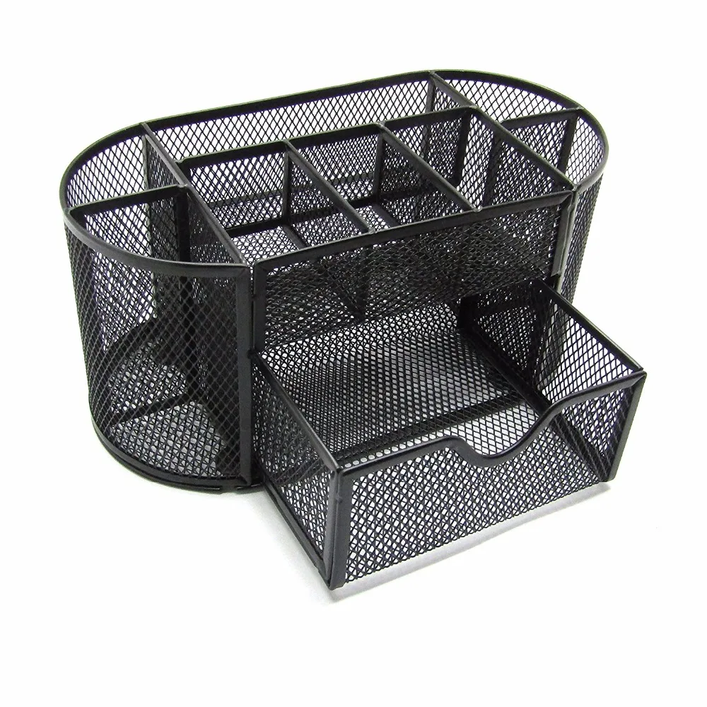 
Space Saving Black 8 Compartment Office School Supply Desktop Metal Wire Mesh Organizer with Drawer 