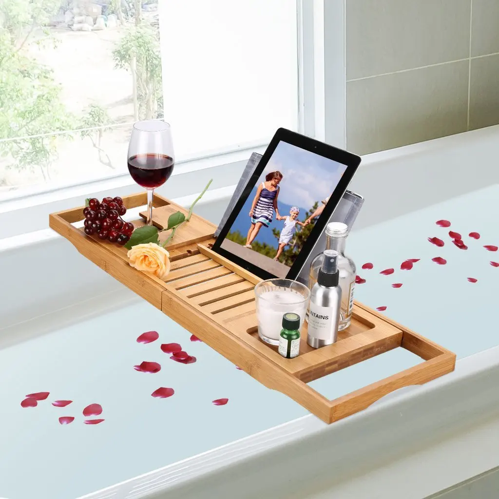 Eco-friendly Expandable Bamboo Bath Caddy Tray With Wine Glass Holder 