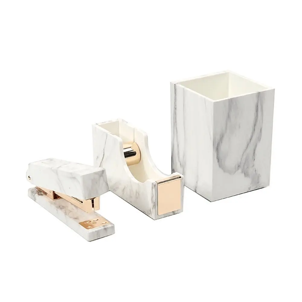 3 Pack White Marble Print ABS Desk Pen Holder Cup, Tape Dispenser Holder, Desktop Staplers for Office Accessories Supplies (Pen Holder & Tape Dispenser & Stapler)