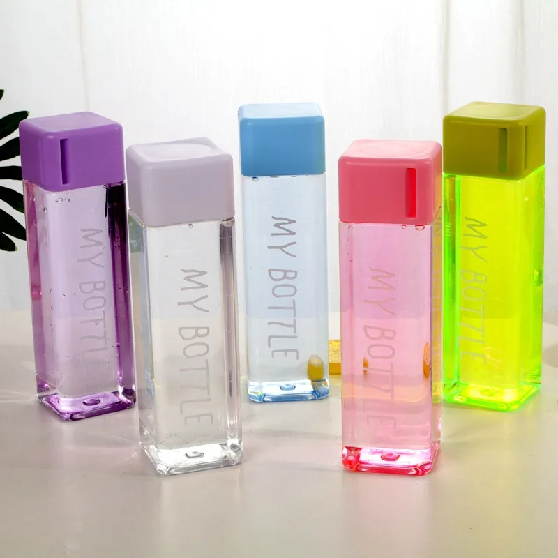 

New Square Plastic Portable Transparent Bottle Fruit Juice Leak-proof Outdoor Sport Milk Carton Water Bottles, Blue green purple and customized pantone