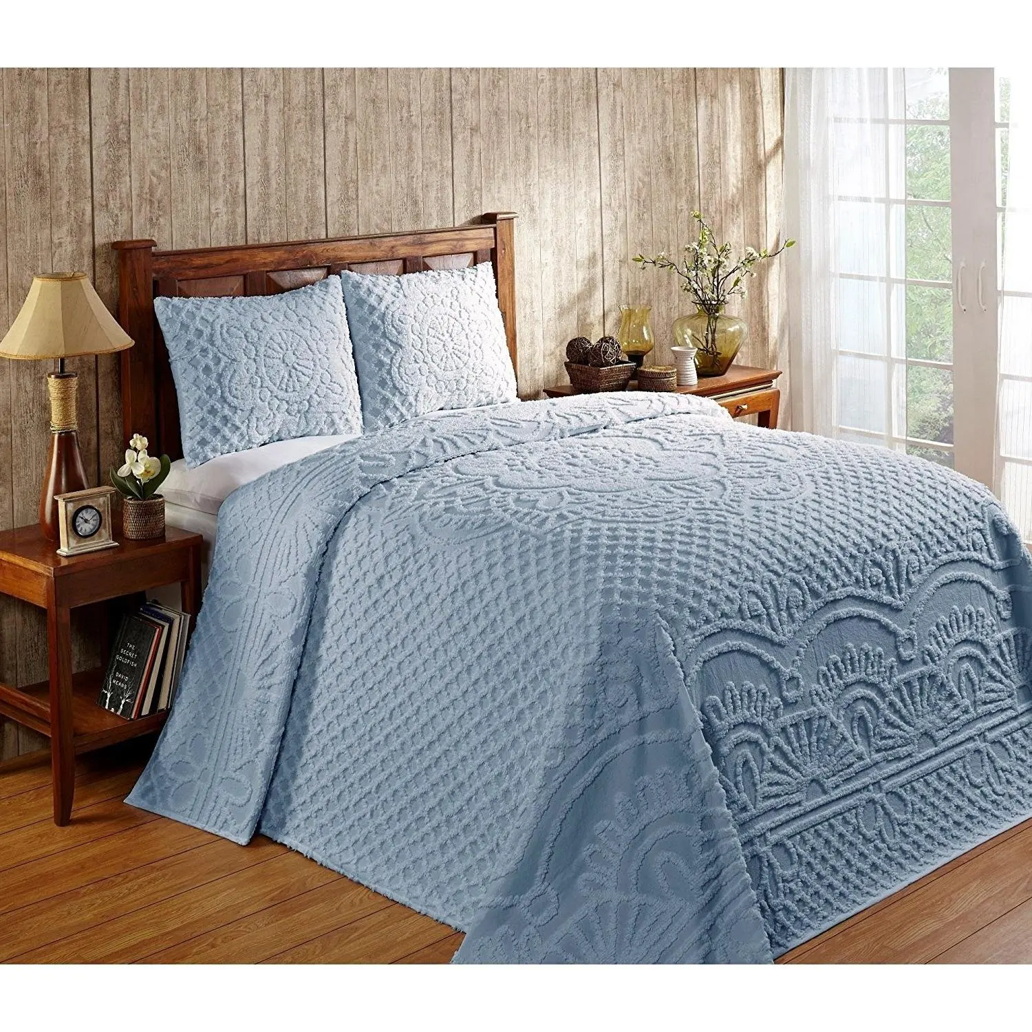 1pc 120 x 110 Oversized Sage Green Chenille Bedspread King Drapes Floor Bedding Lightweight Textured Channel Striped Design Summer Classic Drapes Over Edge Hangs Down Sides