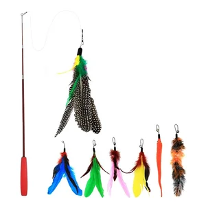 Image of Retractable Cat Toys Interactive Feather Teaser Wand Toy with 1 Poles 7 Attachments Worm Birds Feathers for Kitten Cats
