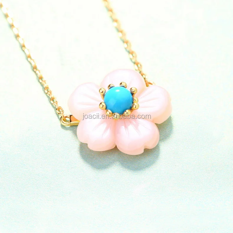 Joacii New Arrival Pink Shell Flower Turquoise S925 Silver Pendant Necklace