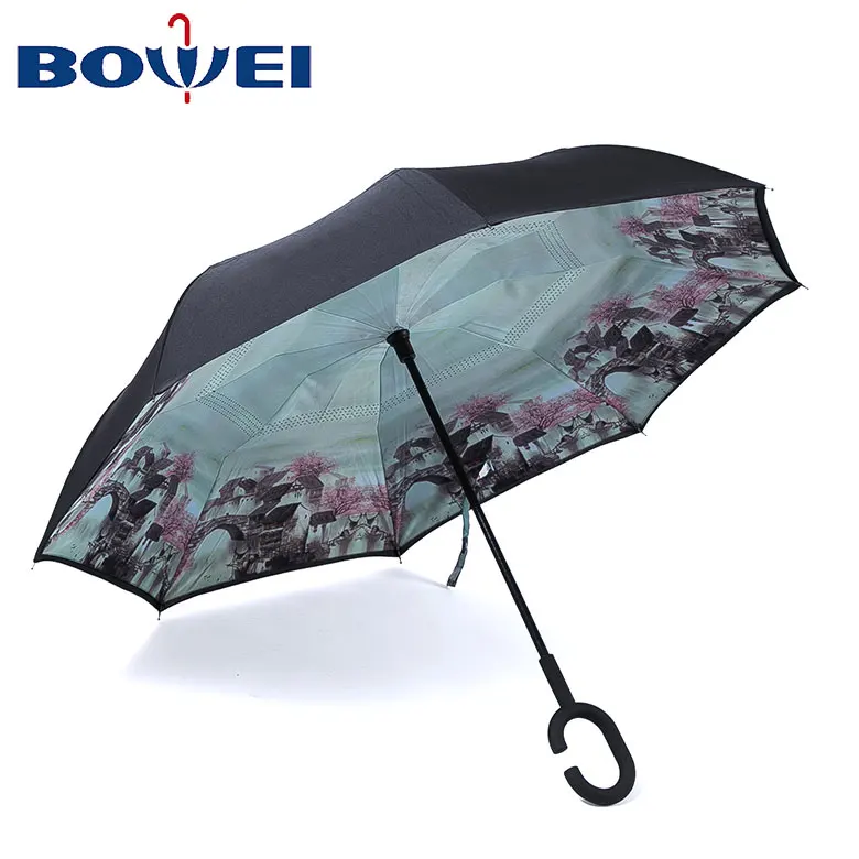 Factory sale top quality double layer pongee c handle reverse umbrella