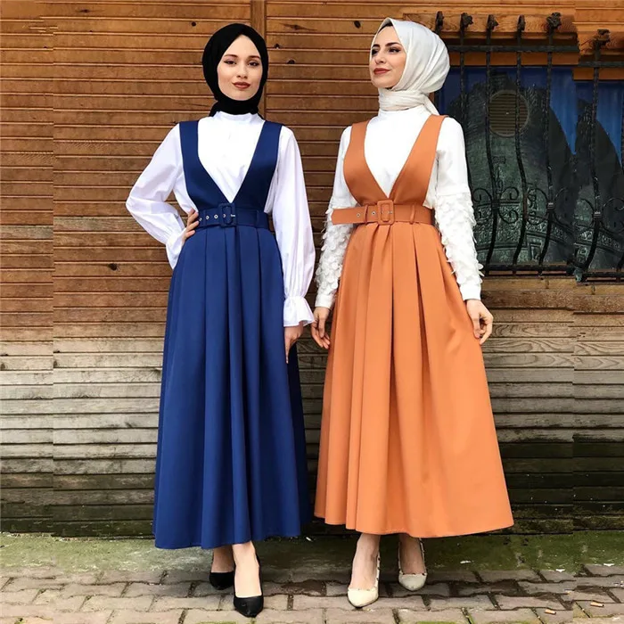 

2019 fashion 5 Color Latest Design Muslim Dress Braces skirt, Blue,orange,black,pink,beige