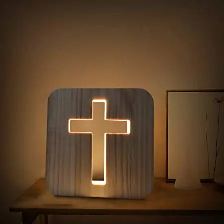 Custom USB Powered 3D Wooden Carving Cross Patterns Night Light for Kids Gift