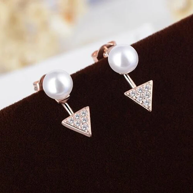 

Simple women sweet pearl earrings girls Triangle Pendant zircon pearl earrings