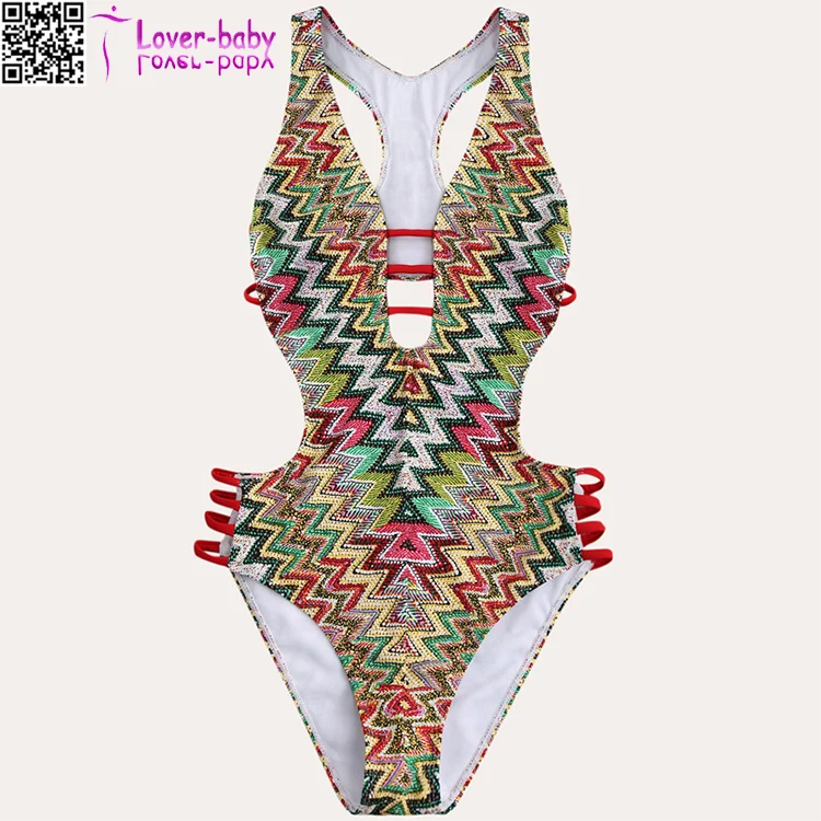 

Multi color Plunge Printed Racer Back bikinis woman swimwear 2017 L32616, As shown