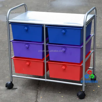 Double Wide 6 Rainbow Plastic Drawers Metal Storage Trolley Cart