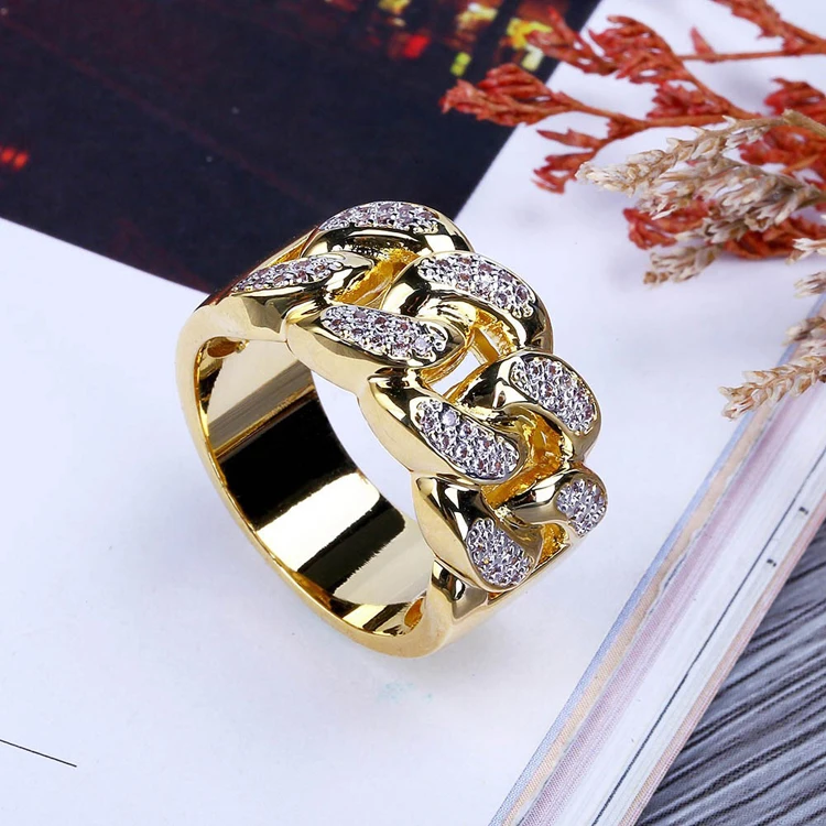 

18k iced out men cz gold fashion cuban link ring, 18k gold plated