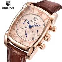 

Benyar Mens fasion watch waterproof gold quartz wristwatch golden Male clock square watch for men