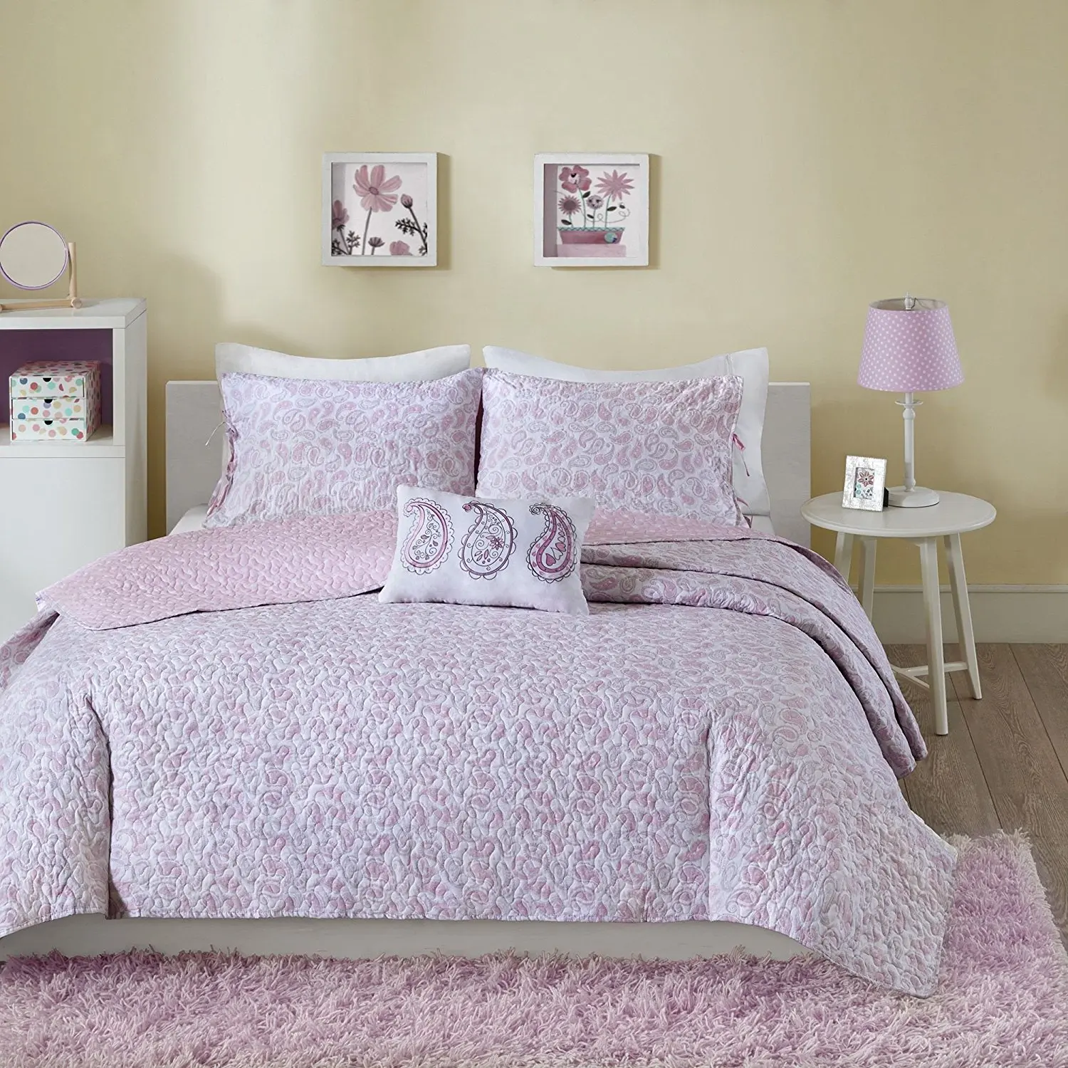 3 Piece Paisley Floral Reversible Polka Dot Themed Coverlet Twin Set, Girls Soft Pink White Textured Flower Swirl Scroll Bedding, Girly Multi Polkadot Dots Dot Themed Pattern, Cotton