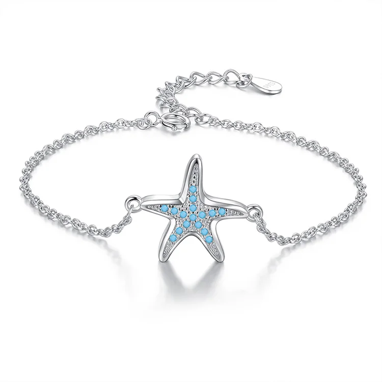 

China Custom Wholesale 925 Sterling Silver Bracelet Blue Starfish Charm Bracelet for Women Wedding Engagement Jewelry, Sliver