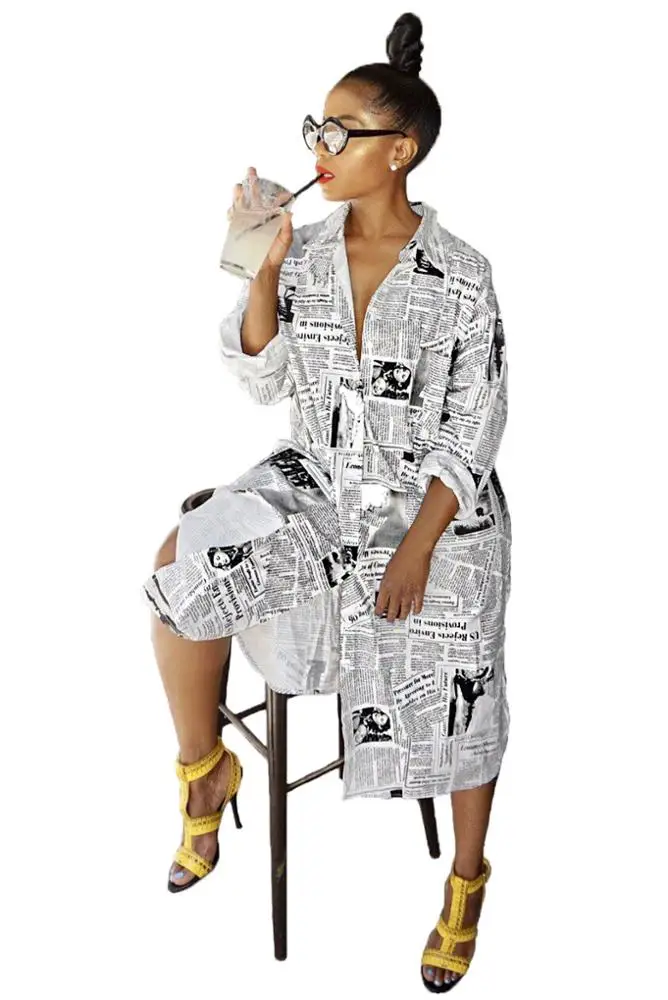 
New Arrivals Spring Fashion Women Casual Turndown Collar Single Breasted Newspaper Pattern Print Tunic Shirt Dress 