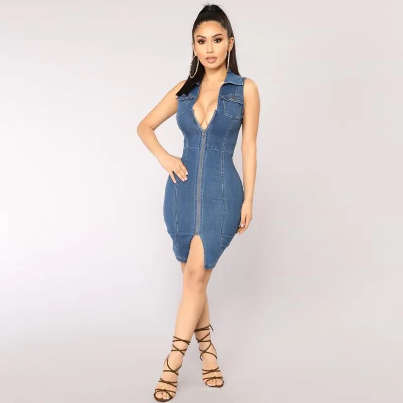 

Free Shipping One Piece Ladies Casual Club Jeans Minidress Sleeveless Stretch Denim Dress for Women