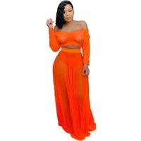 

Neon Orange Sexy 2 Piece Outfits For Women Salsh Neck Long Sleeve Crop Top+Beach Long Skirts See Through Two Piece Matching Set